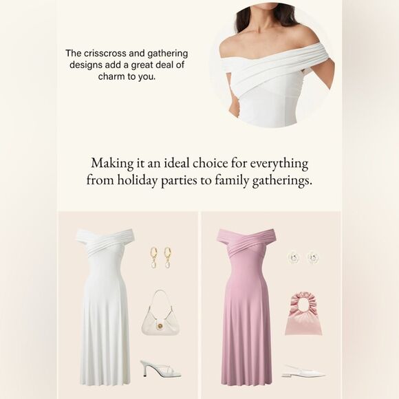 New OGL Eco-SkinKiss® Flowy Criss Cross Off-shoulder Midi Brami Dress Rose Mauve - Picture 15 of 15